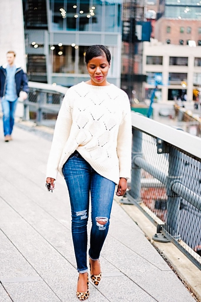 Cream Sweater Ripped Jeans Leopard Pumps Fashion Blogger