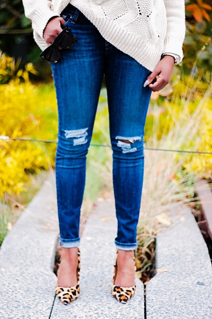 Cream Sweater Ripped Jeans
