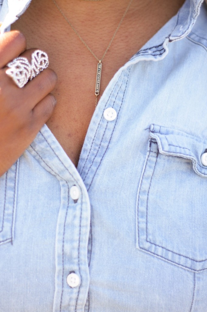 Denim Shirt Lariat Necklace Statement Ring Blogger Style