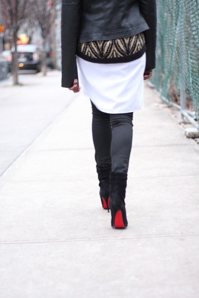 Leather Jacket Shirt Dress Layers Louboutin Booties Outfit Rear View