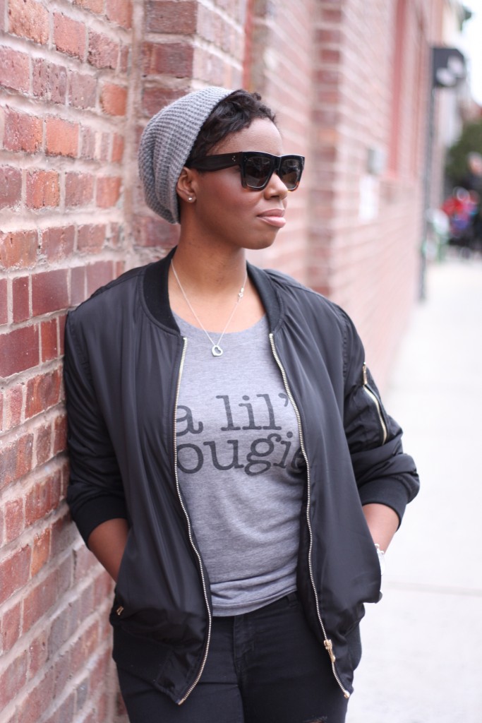 Off Duty Casual Style Bomber Jacket Graphic Tee Side View