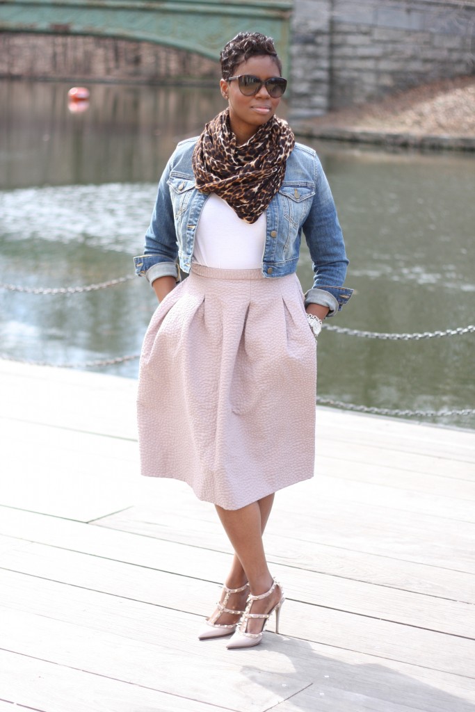 blush skirt denim jacket leopard scarf rockstud pumps spring 2016 NYC style blogger