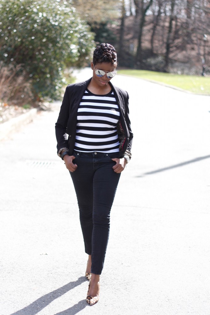 casual friday black blazer striped shirt black skinny jeans leopard pumps spring 2016