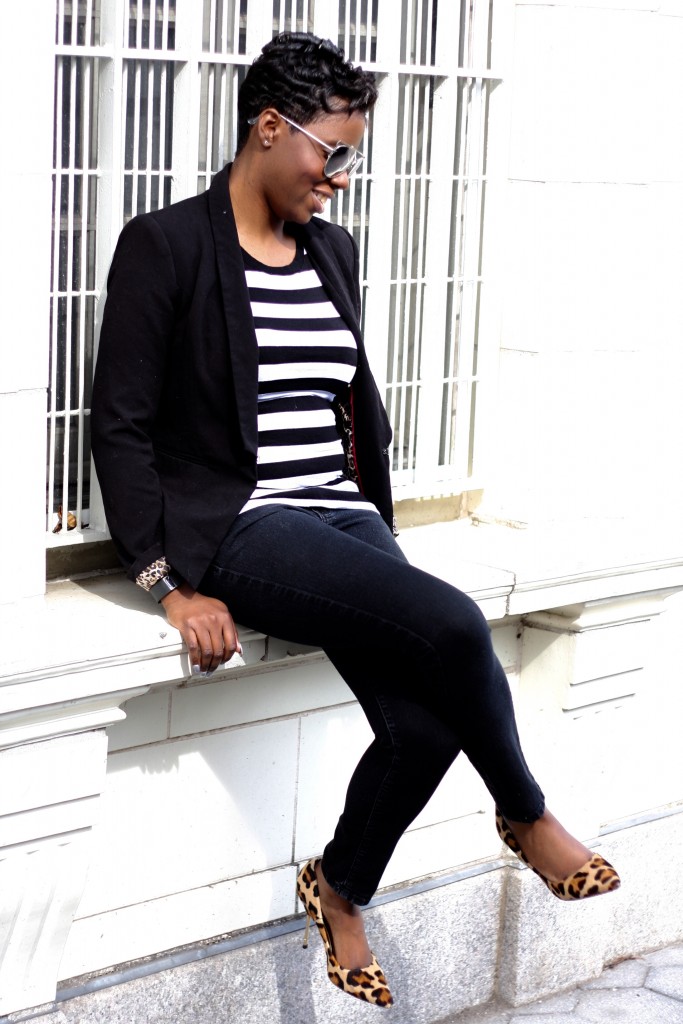 casual friday black blazer striped shirt black skinny jeans leopard pumps spring fashion
