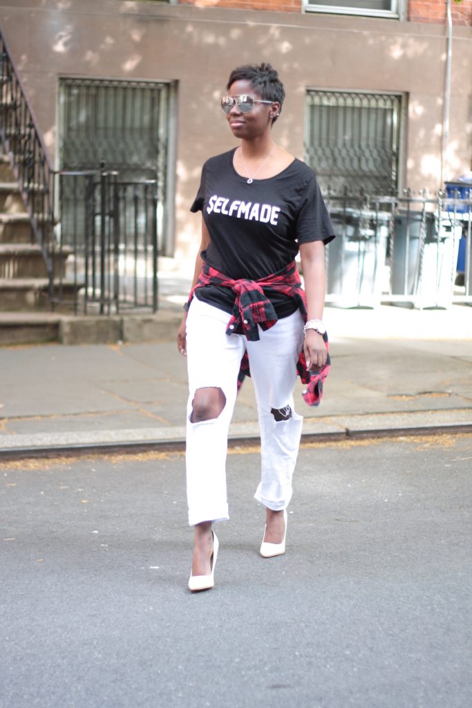 graphic tee plaid shirt boyfriend jeans white pumps spring NYC fashion
