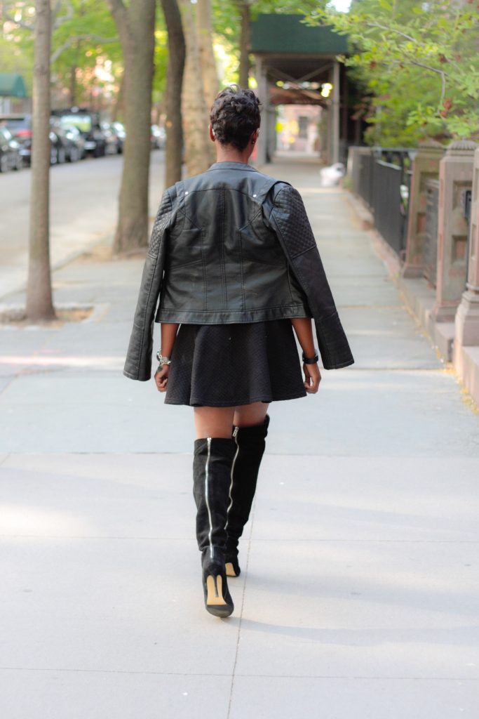 leather jacket sequin tshirt black miniskirt OTK boots mirrored aviators spring 2016 style back view