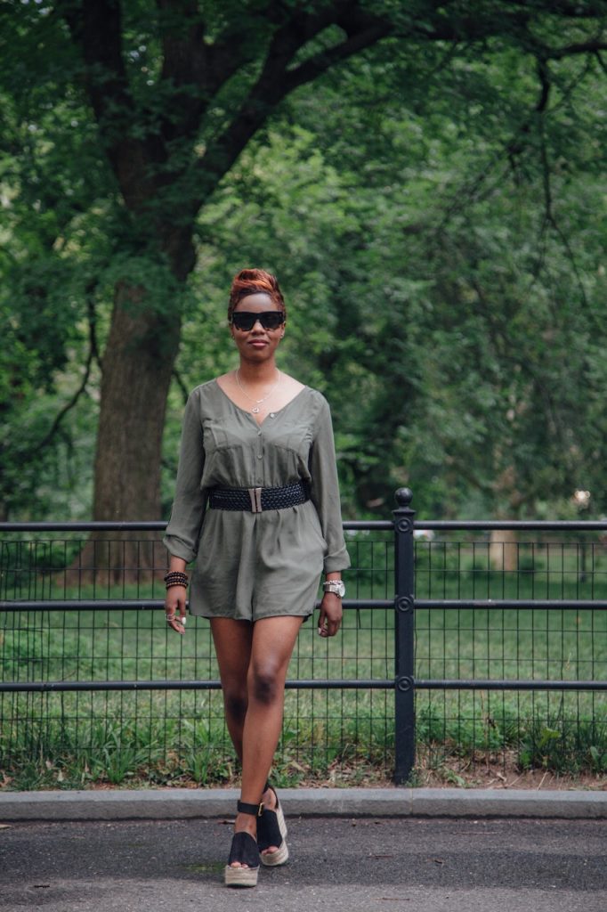 olive romper black belt chloe wedges central park NYC fashion