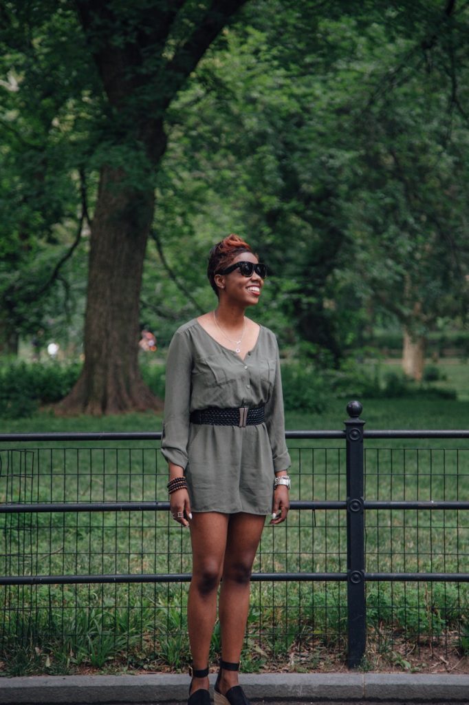 olive romper black belt chloe wedges central park NYC fashion blog