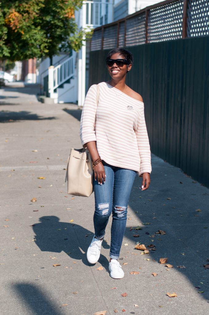 jcrew striped relaxed boatneck sweater dstld distressed jeans common projects white Achilles sneakers mansur gavriel sand bucket bag Chanel strass brooch Celine sunglasses San Francisco sf Bay Area style fashion blog blogger