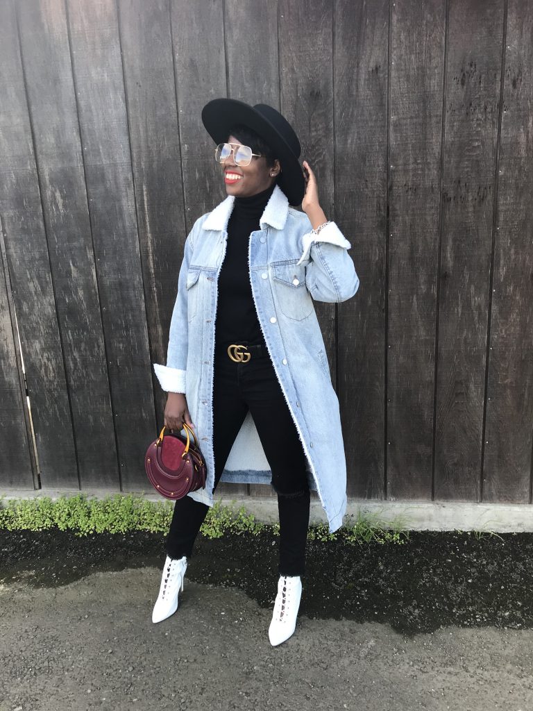 reformation wool hat wear me pro grandpa glasses oak and fort shearling denim coat zara black turtleneck levis black wedgie fit skinny jeans steve madden white ankle boots gucci black logo belt chloe burgundy pixie bag cocoa butter diaries ccb diaries san francisco sf bay area style fashion blog blogger