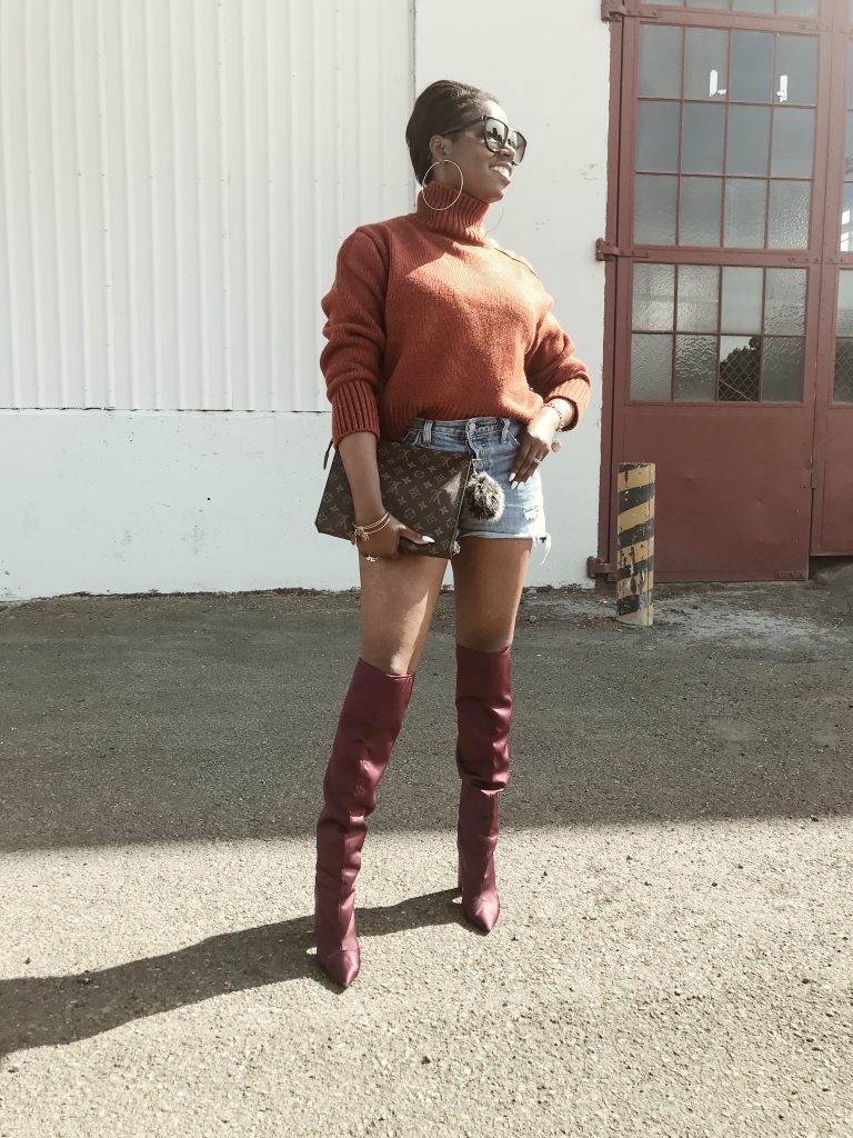 zara pumpkin oversized sweater levis wedgie fit cutoff shorts zara burgundy satin over the knee otk boots louis vuitton toiletry pouch 26 monogram canvas celine shadow sunglasses cocoa butter diaries sf san francisco bay area fashion style blog blogger