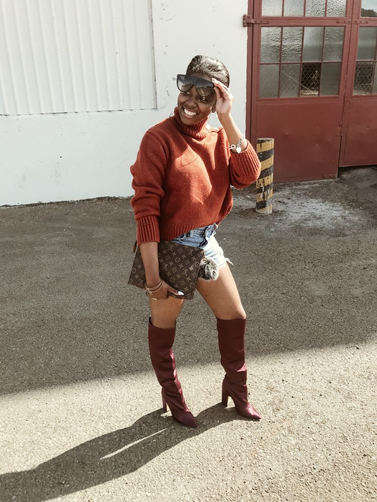 zara pumpkin oversized sweater levis wedgie fit cutoff shorts zara burgundy satin over the knee otk boots louis vuitton toiletry pouch 26 monogram canvas celine shadow sunglasses cocoa butter diaries sf san francisco bay area fashion style blog blogger