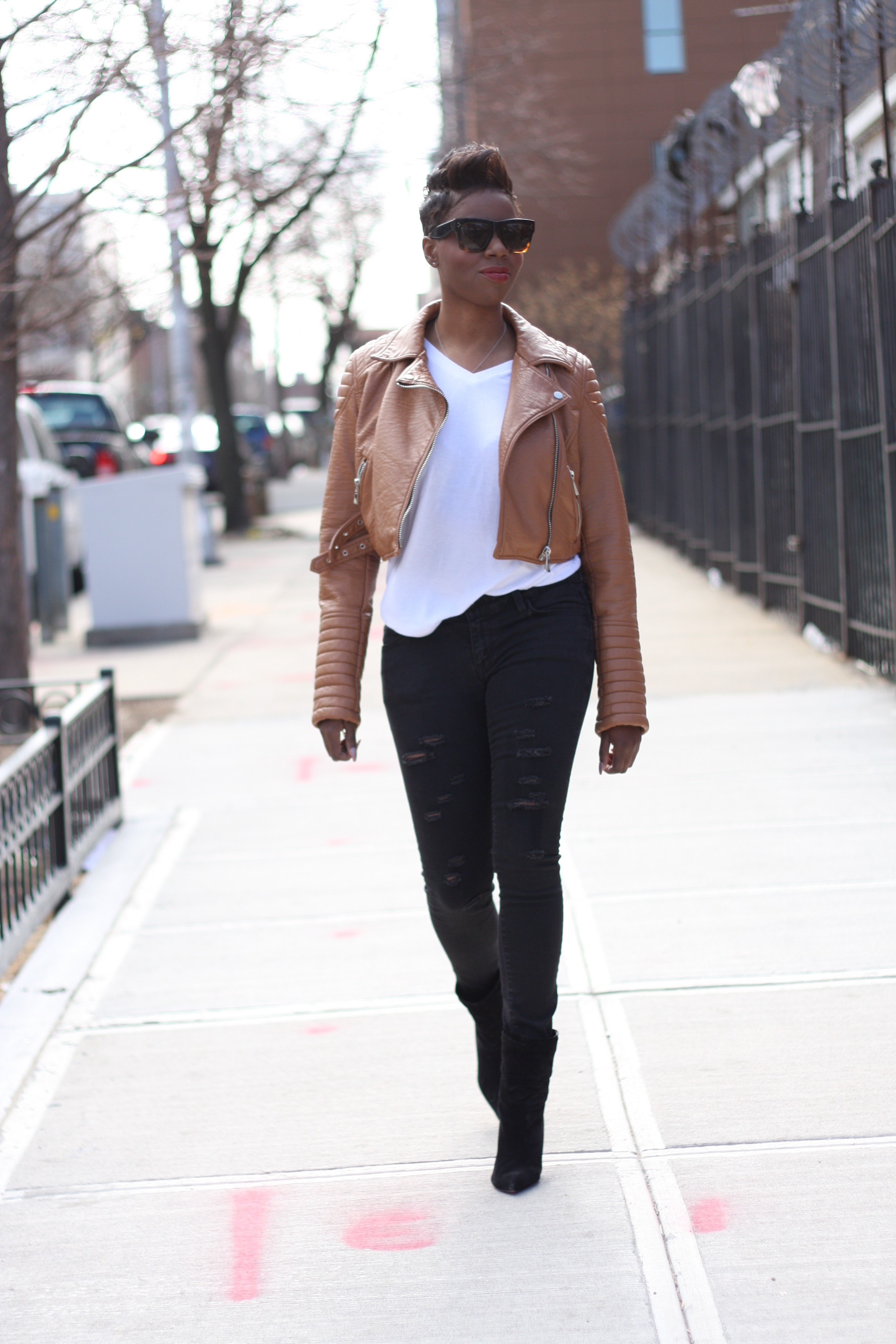 Leather Jacket White Tee Black Ripped Jeans Black Ankle Booties Spring 2016 NYC Style Blogger