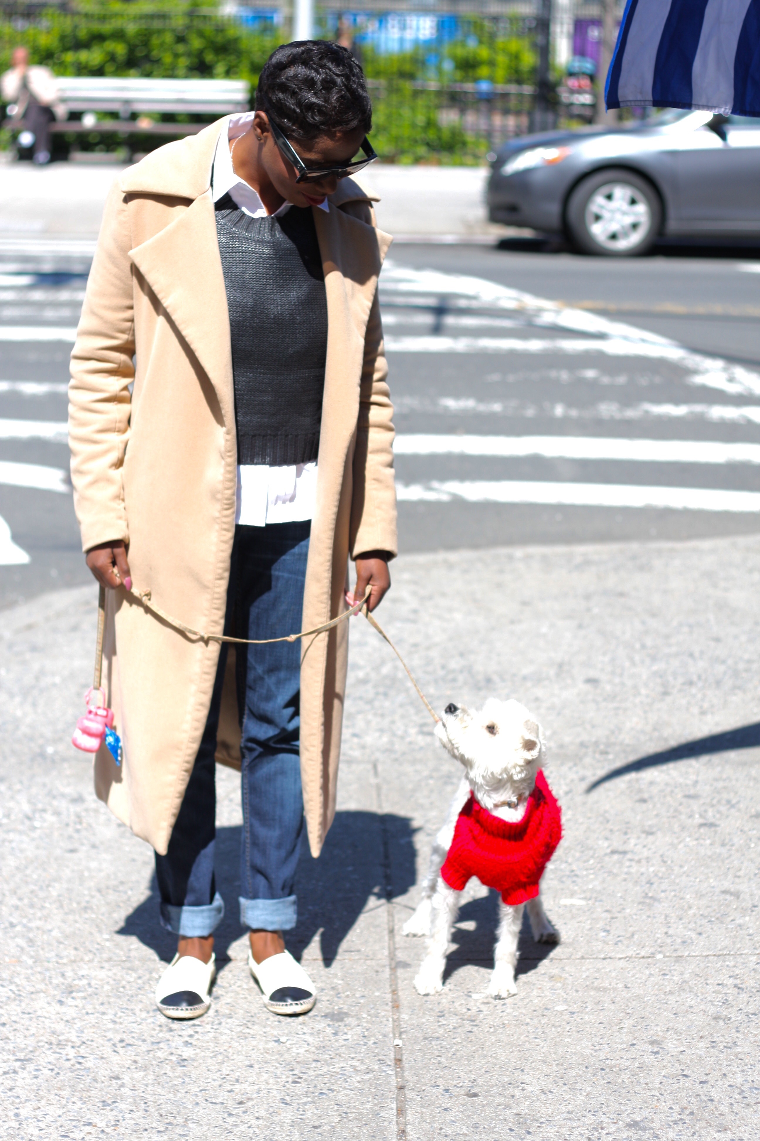 Dexter And Me Camel Coat Cropped Sweater Straight Leg Jeans Espadrilles NYC Fashion Blogger