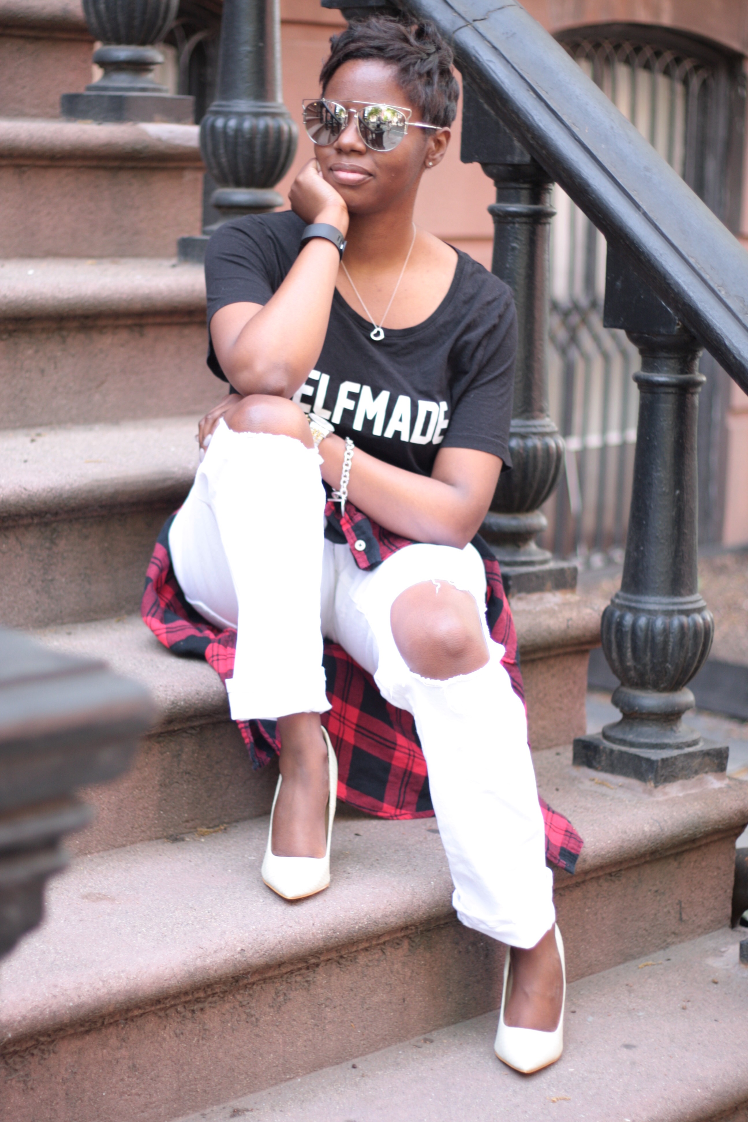 Graphic Tee Plaid Shirt Boyfriend Jeans White Pumps Spring NYC Style Blogger