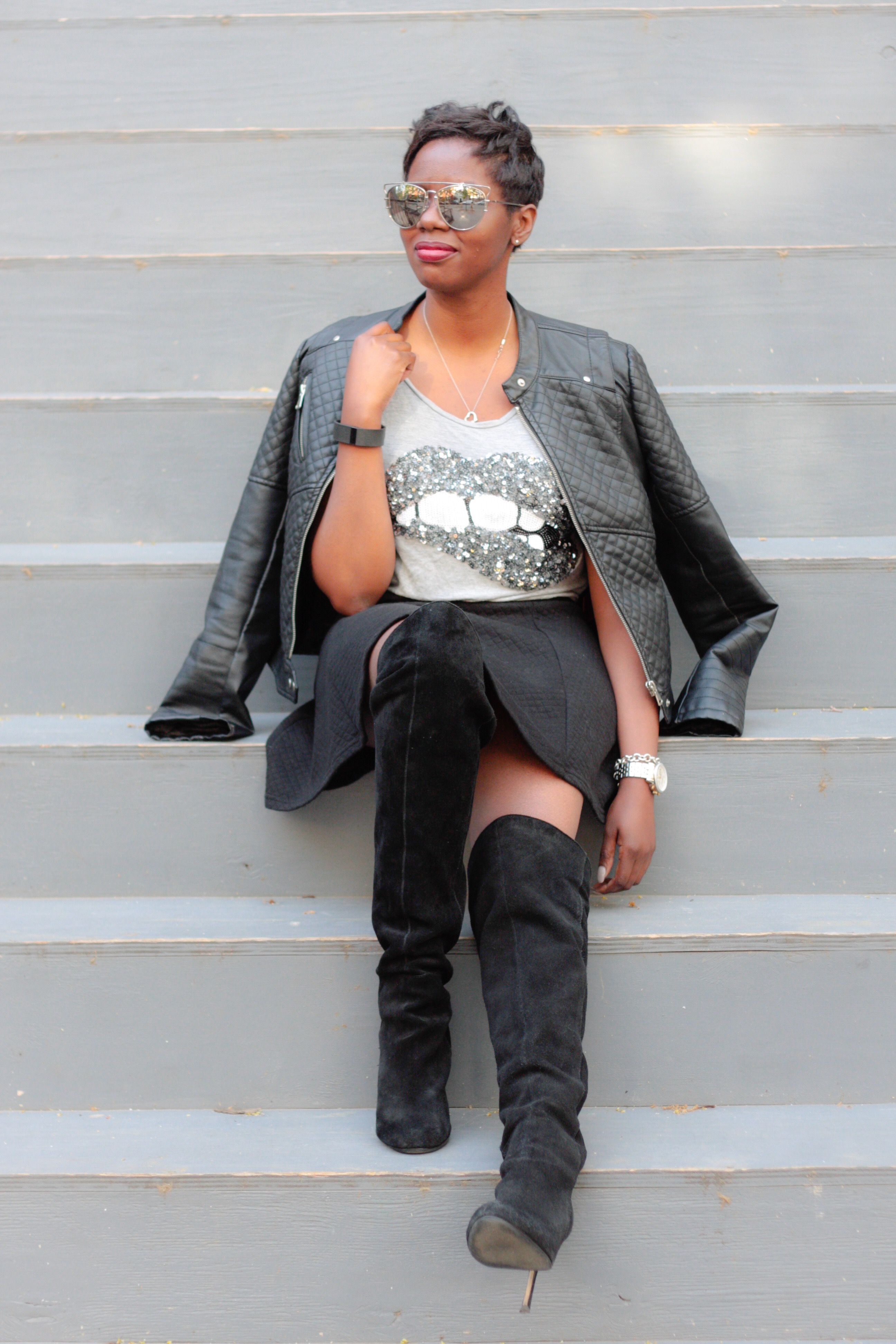 Leather Jacket Sequin Tshirt Black Miniskirt OTK Boots Spring 2016 NYC Style Blogger