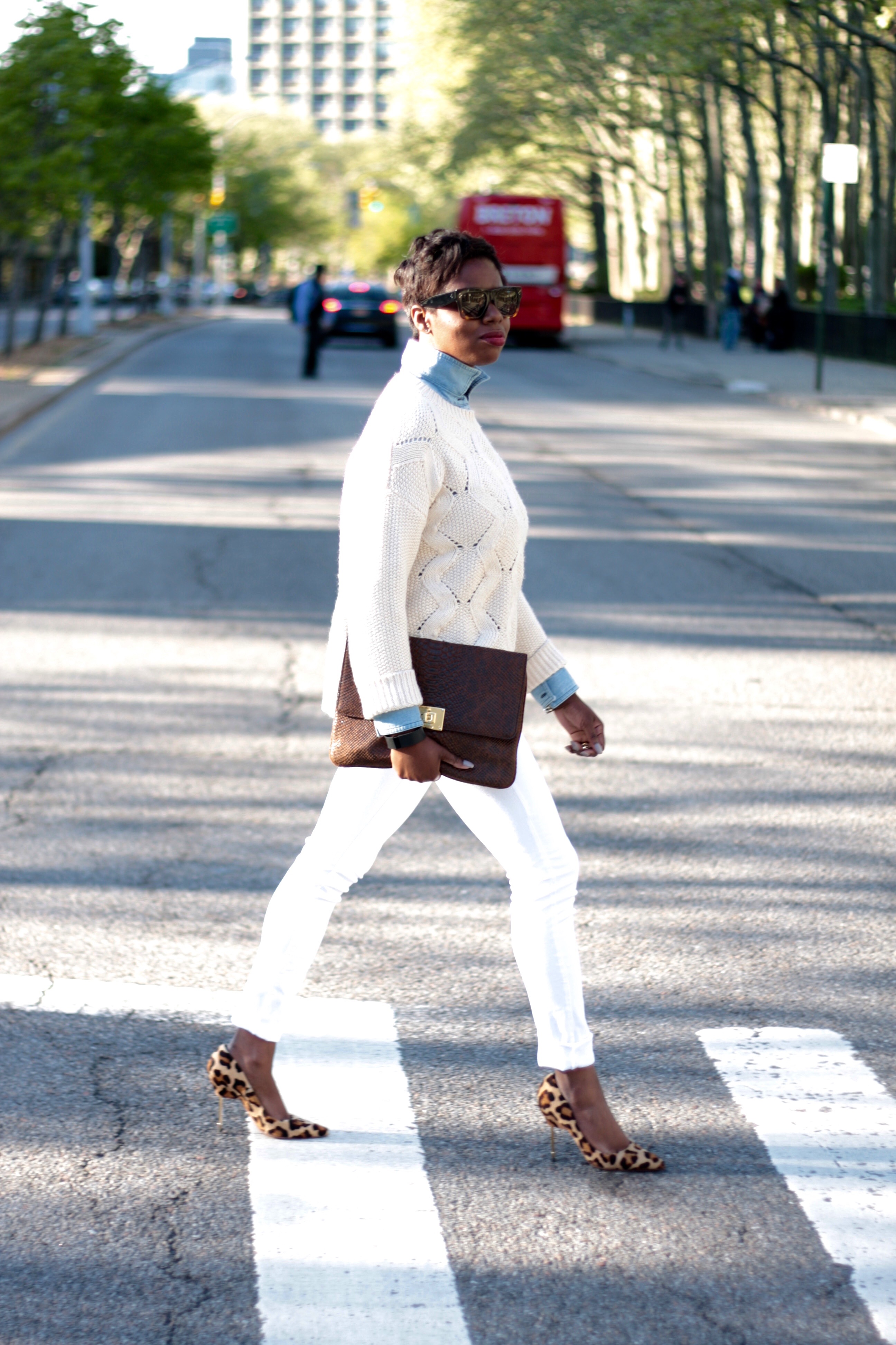 Chambray Shirt Cream Sweater White Jeans Leopard Pumps Spring 2016 NYC Style Blogger