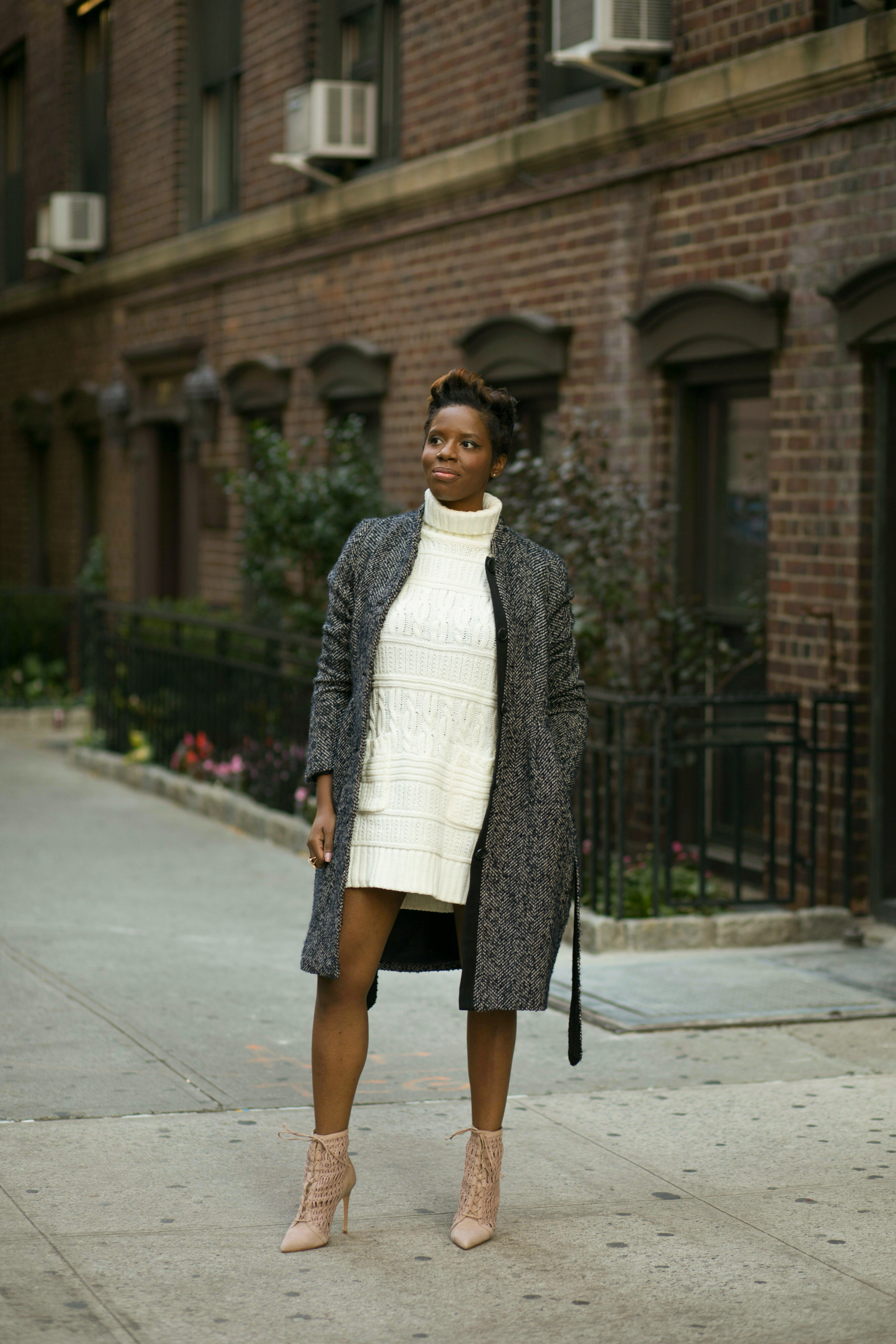 Herringbone Coat Sweater Dress Ankle Boots Nyc Fashion Blogger
