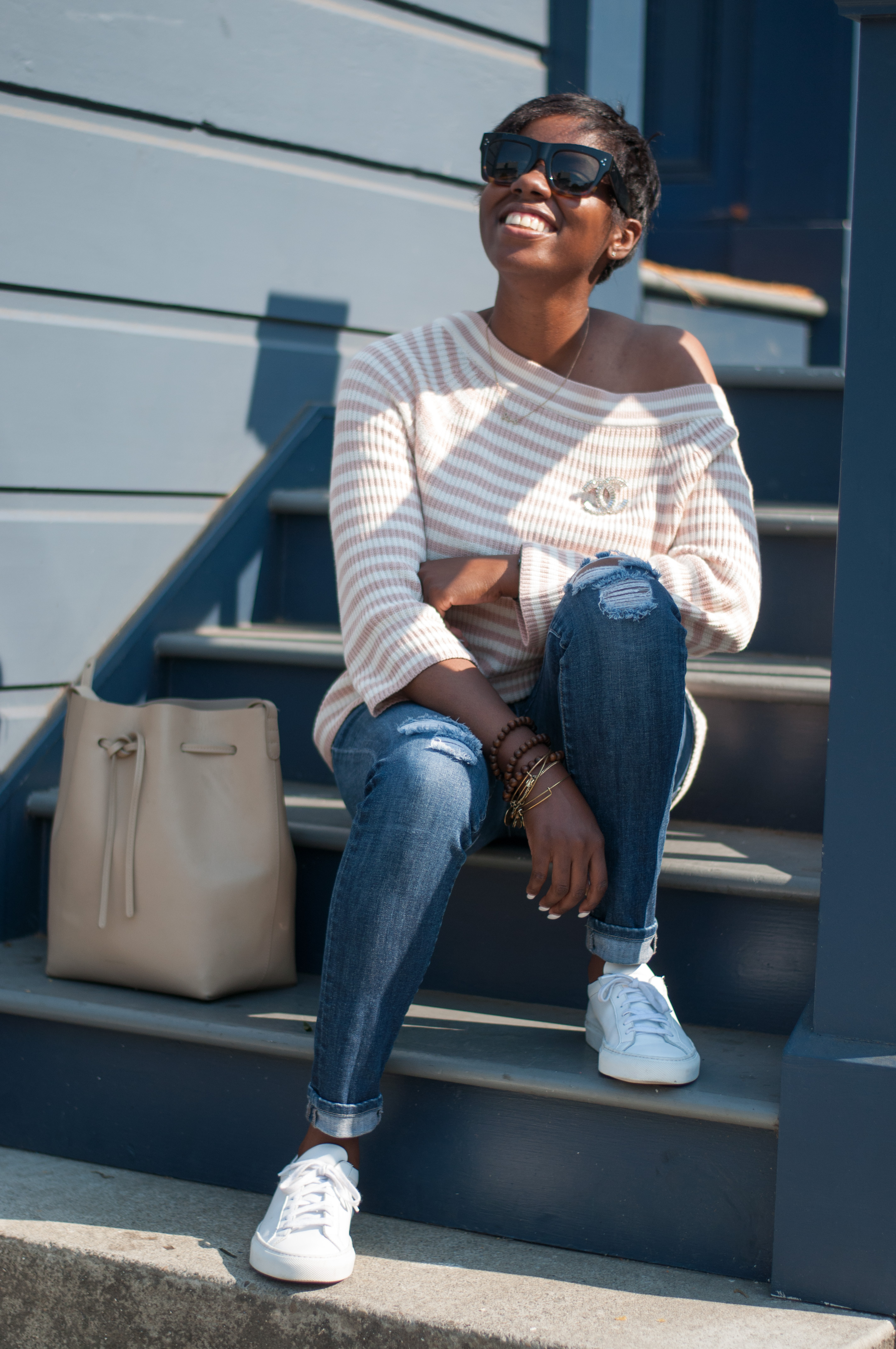 Jcrew Striped Relaxed Boatneck Sweater Dstld Distressed Jeans Common Projects White Achilles Sneakers Mansur Gavriel Sand Bucket Bag Chanel Strass Brooch Celine Sunglasses San Francisco Sf Bay Area Style Fashion Blog Blogger