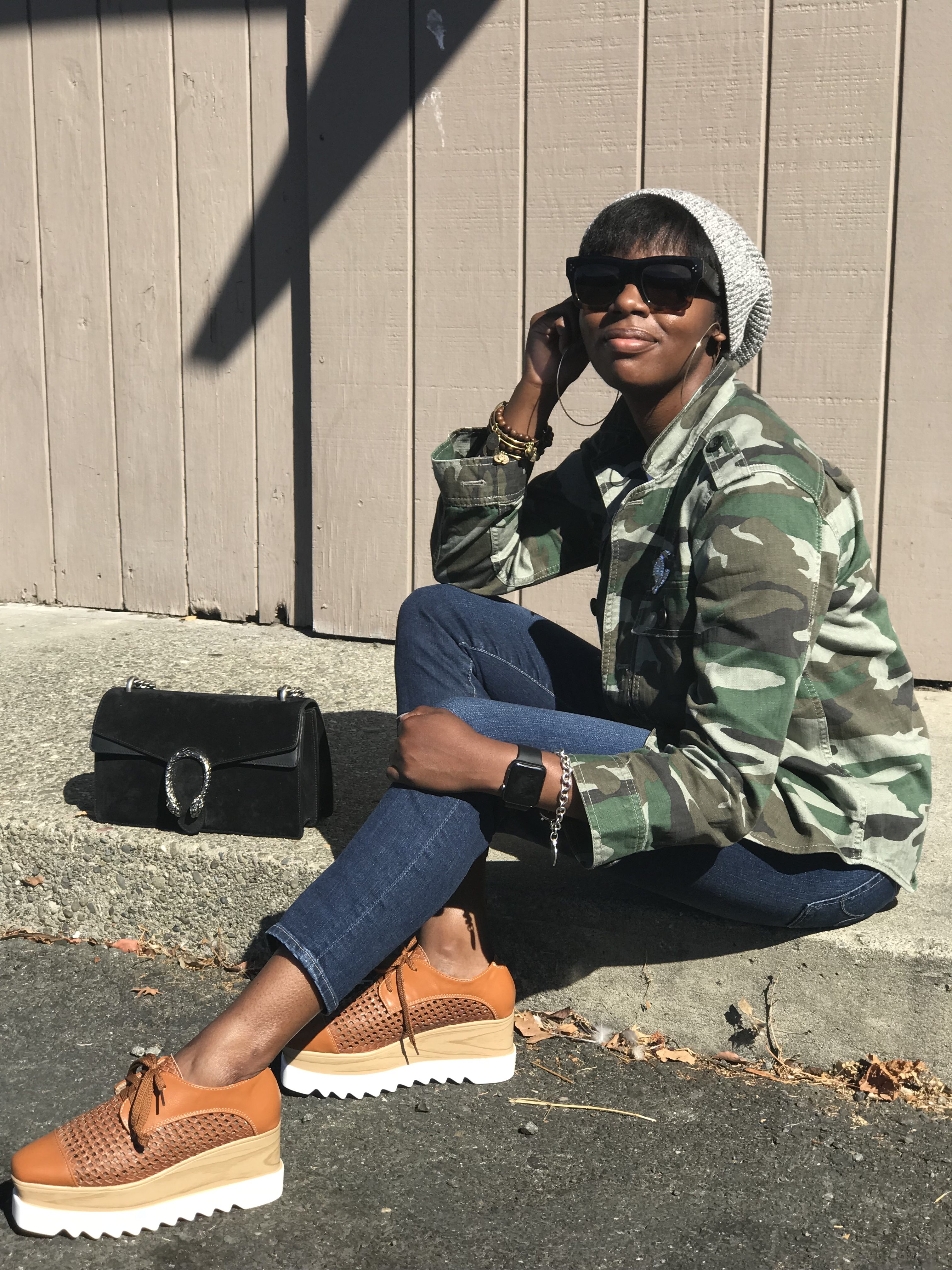 Jcrew Cotton Beanie Celine Sunglasses Liars & Lovers ASOS Extra Large Gold Hoop Earrings Jcrew Camouflage Camo Utility Shirt Jacket AG The Stilt Cropped Jeans Stella McCartney Elyse Woven Platform Sneakers Gucci Dionysus Black Suede Shoulder Bag Chanel Brooch San Francisco SF Bay Area California Fashion Style Blog Blogger