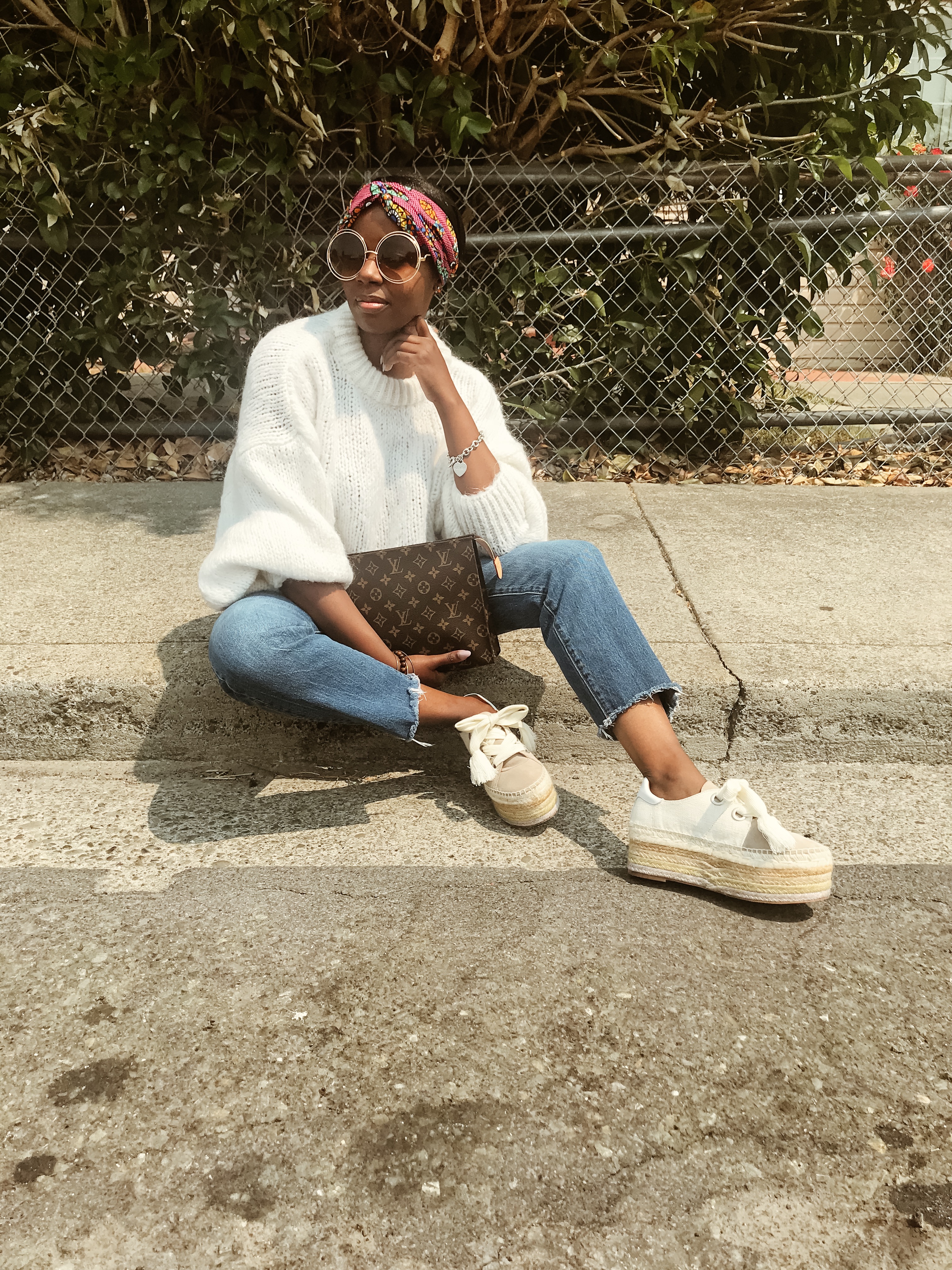 Cocoa Butter Diaries Outfit Zara Headband Zara Cream Oversized Sweater With Puff Sleeves Levi’s Wedgie Fit Straight Leg Jeans Chloe Wedge Sneakers Louis Vuitton Toiletry Pouch 26 Sf San Francisco Bay Area Fashion Style Blog Blogger