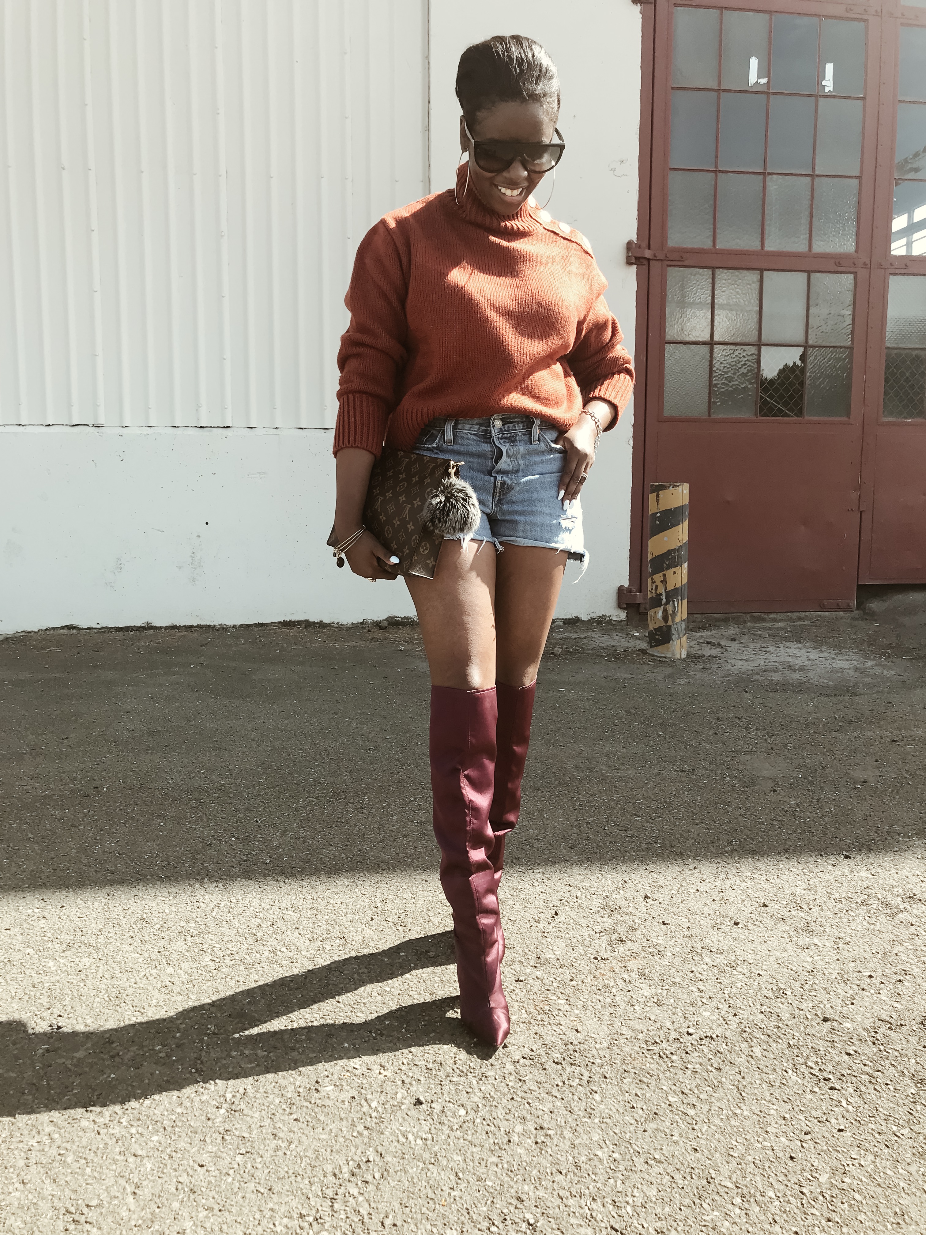 Zara Pumpkin Oversized Sweater Levis Wedgie Fit Cutoff Shorts Zara Burgundy Satin Over The Knee Otk Boots Louis Vuitton Toiletry Pouch 26 Monogram Canvas Celine Shadow Sunglasses Cocoa Butter Diaries Sf San Francisco Bay Area Fashion Style Blog Blogger