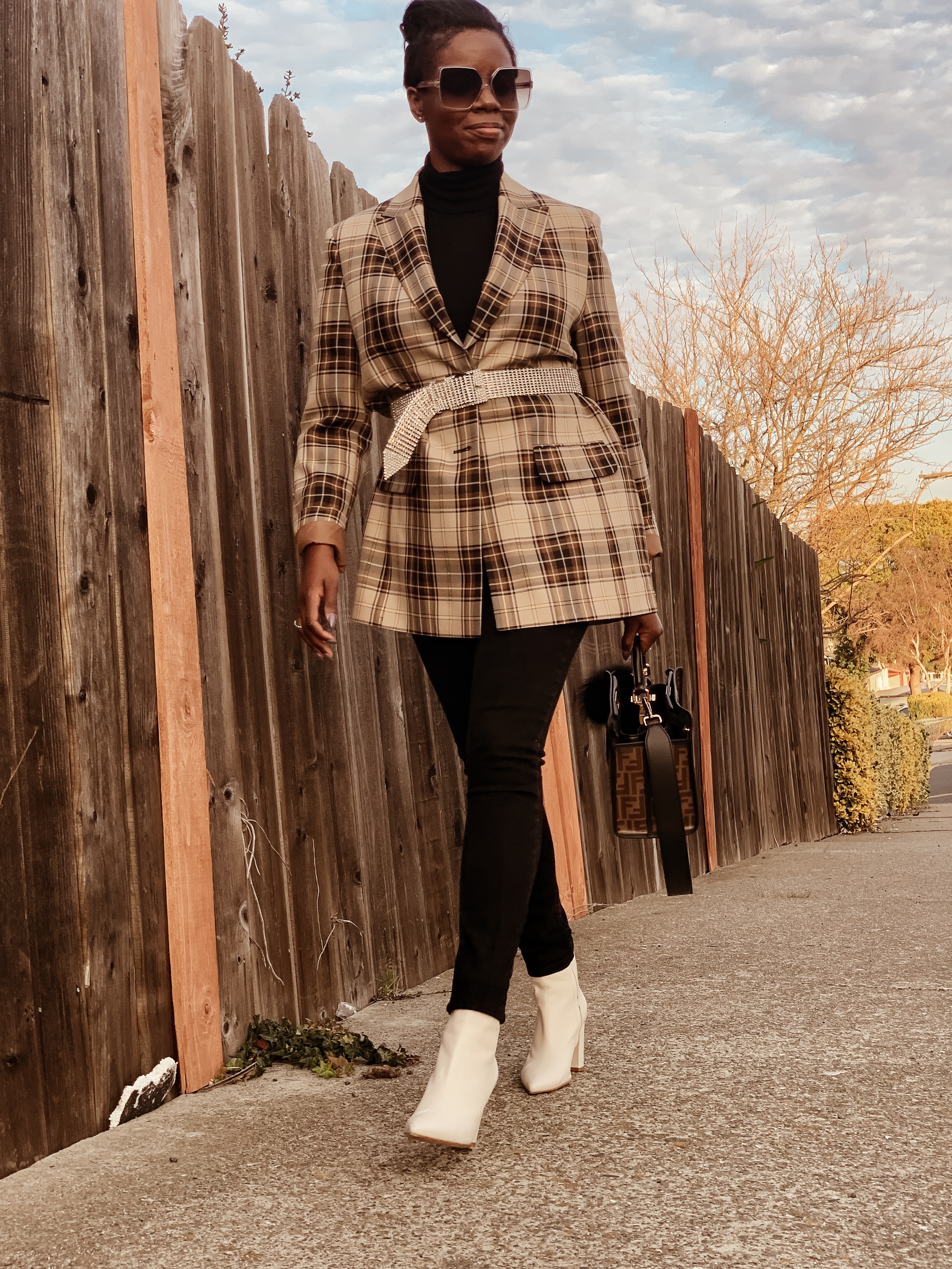 The Cocoa Butter Diaries Top San Francisco Sf Bay Area Fashion Blogger Boyfriend Blazer Rhinestone Belt Black Turtleneck Black High Waisted Jeans White Ankle Boots Fendi Peekaboo Mini